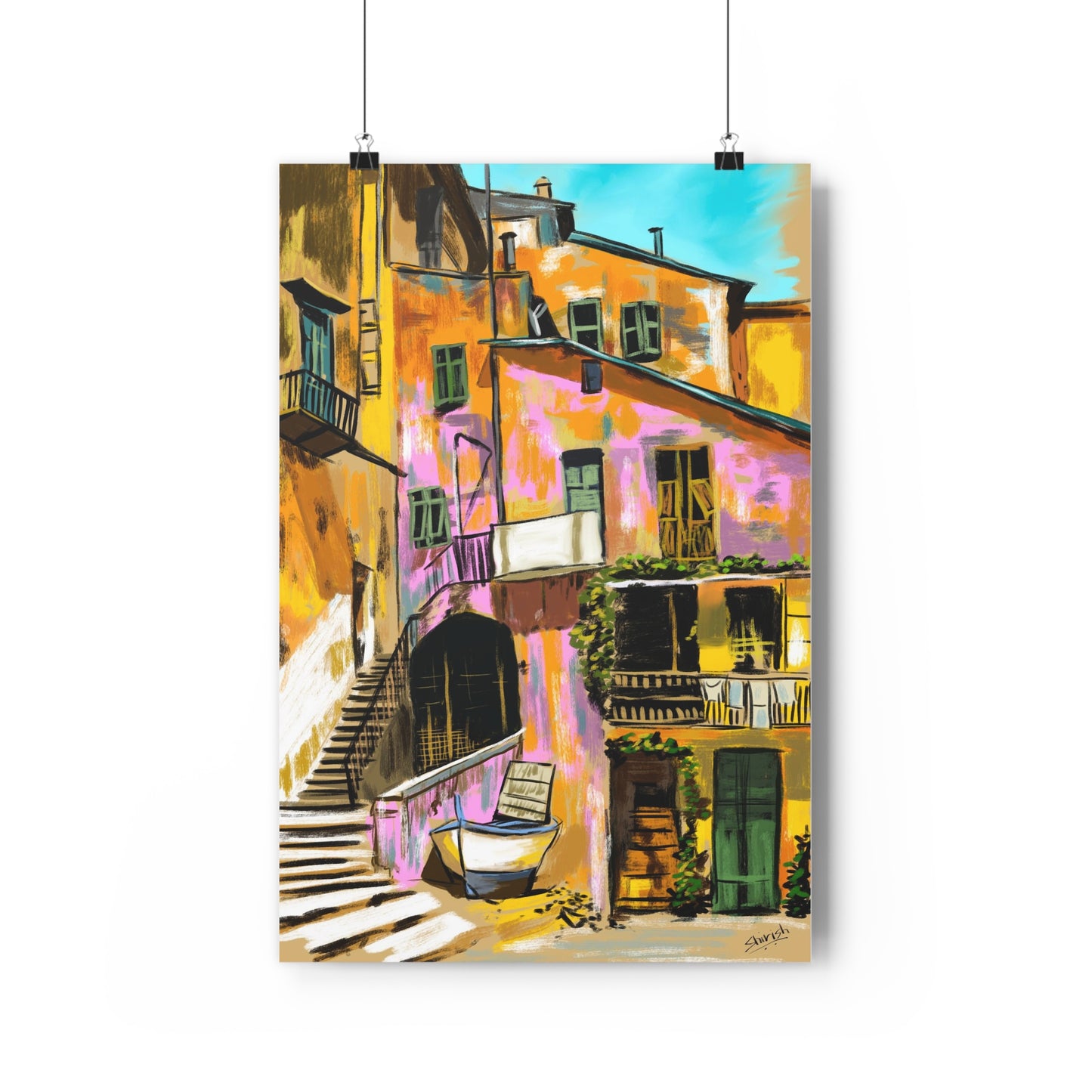 A Pink Building in a French Village - Premium Poster