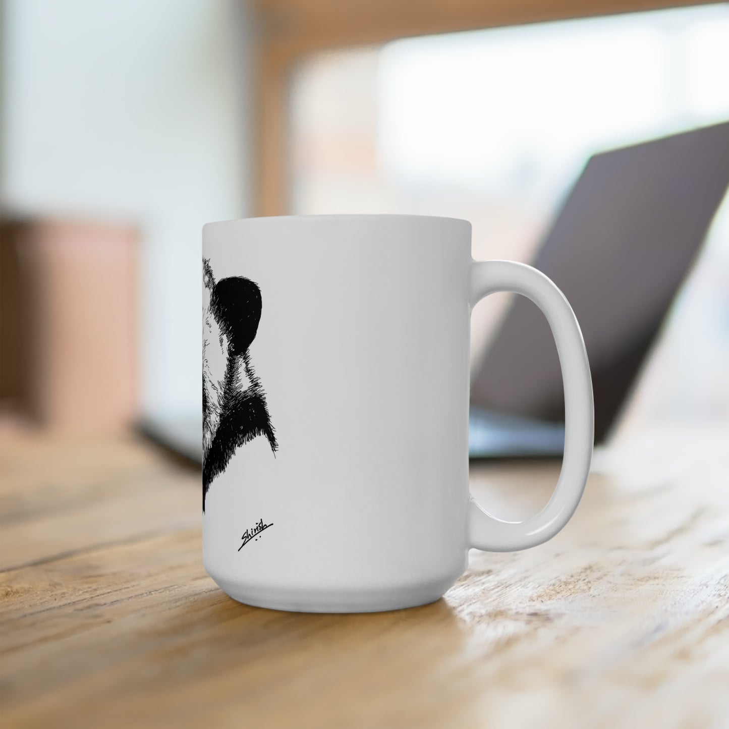 White Ceramic Mug 15oz - Minimalistic Monochrome Drawing of a Panda