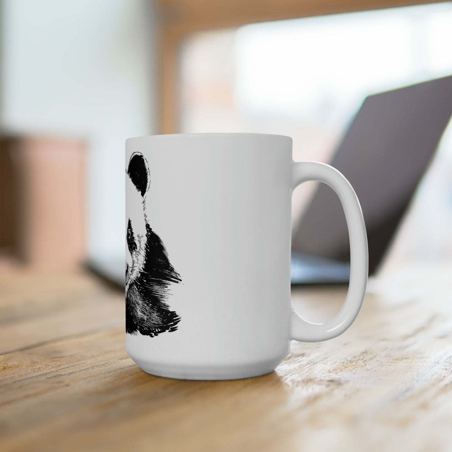 White Ceramic Mug 15oz - Minimalistic Monochrome Design of Panda