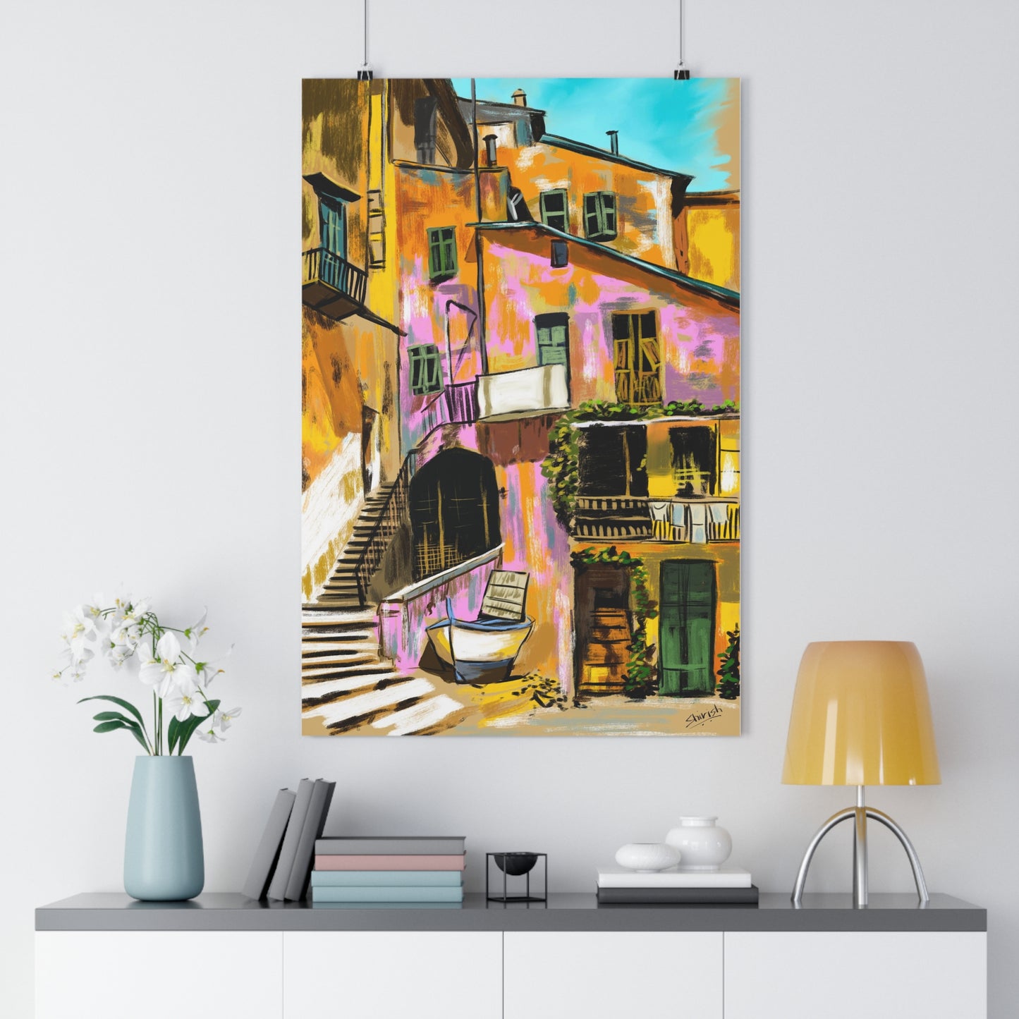 A Pink Building in a French Village - Premium Poster