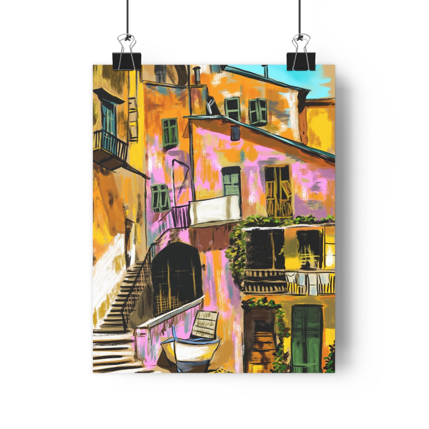 A Pink Building in a French Village - Premium Poster