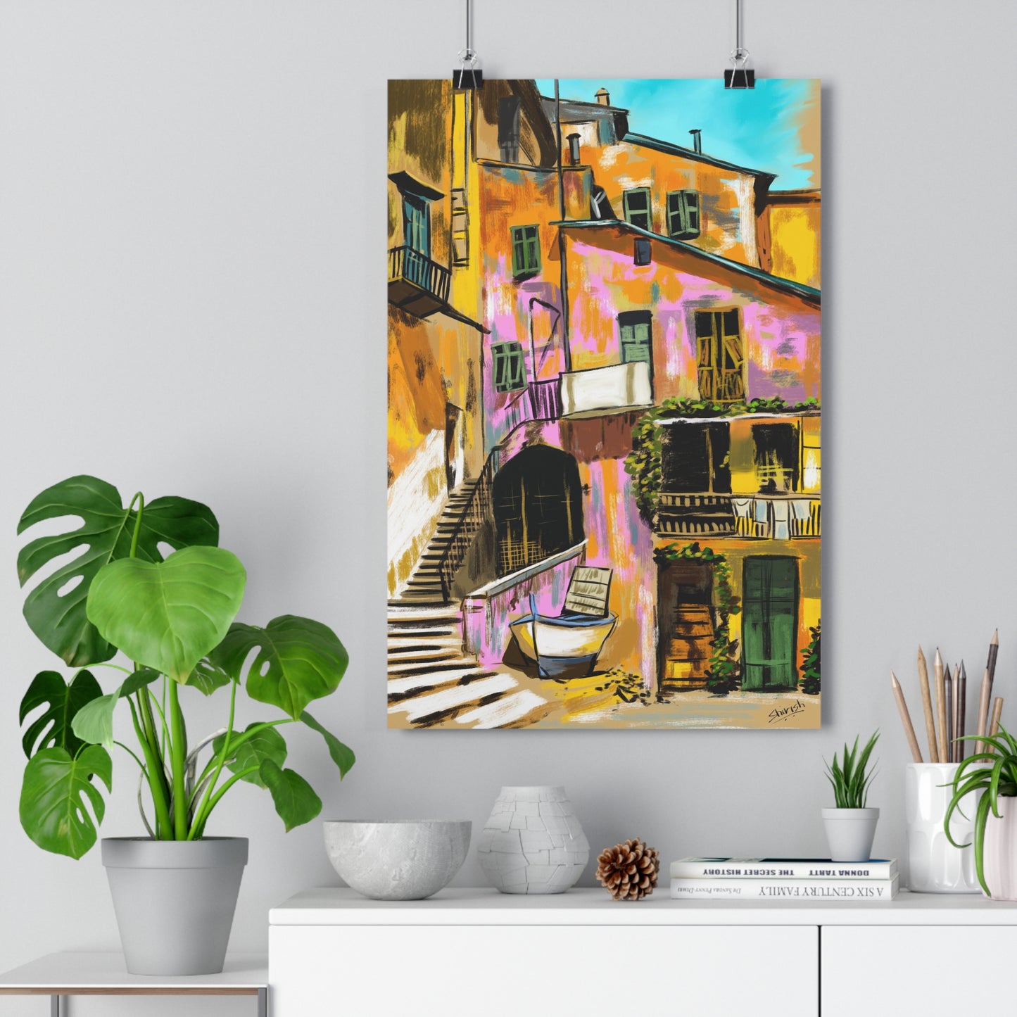 A Pink Building in a French Village - Premium Poster