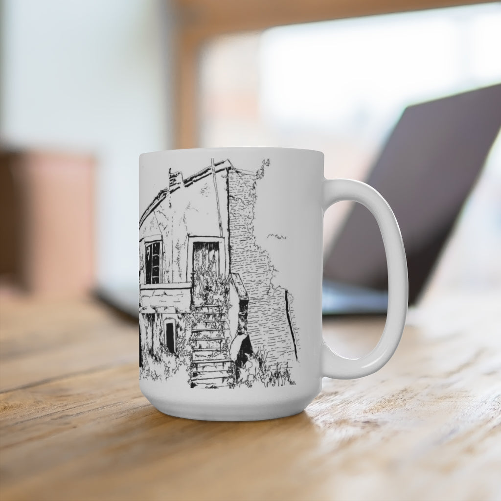 White Ceramic Mug 15oz - Monochrome Drawing of A Town in Italy