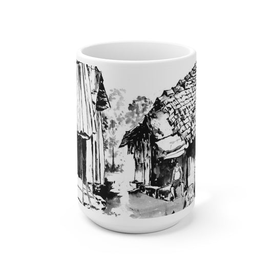 White Ceramic Mug 15oz - Minimalistic Monochrome Design of An Old Village House