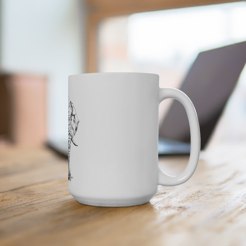 White Ceramic Mug 15oz - Minimalistic Monochrome Drawing of an Elephant