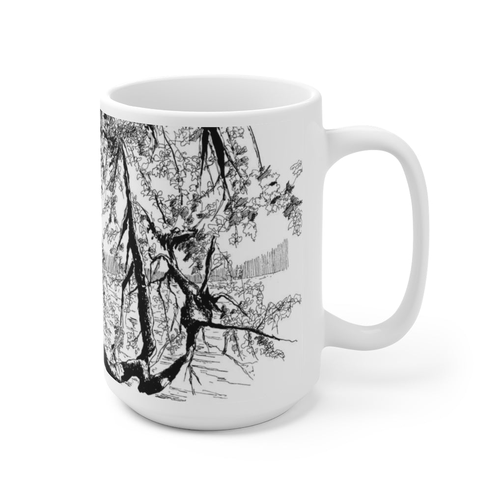 White Ceramic Mug 15oz - Minimalistic Monochrome Design of A Hanging Branch Over Water