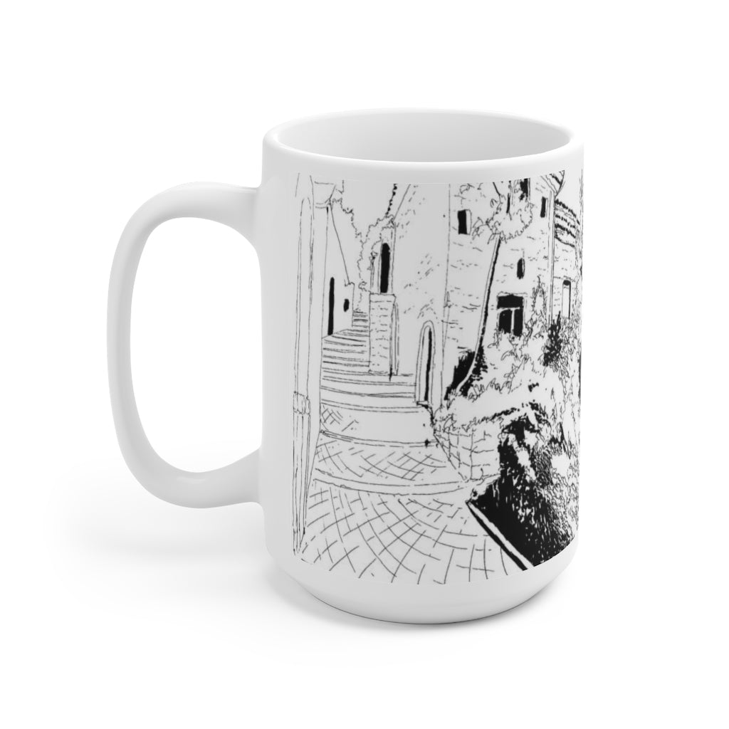 White Ceramic Mug 15oz - Monochrome Drawing of A Town in Italy