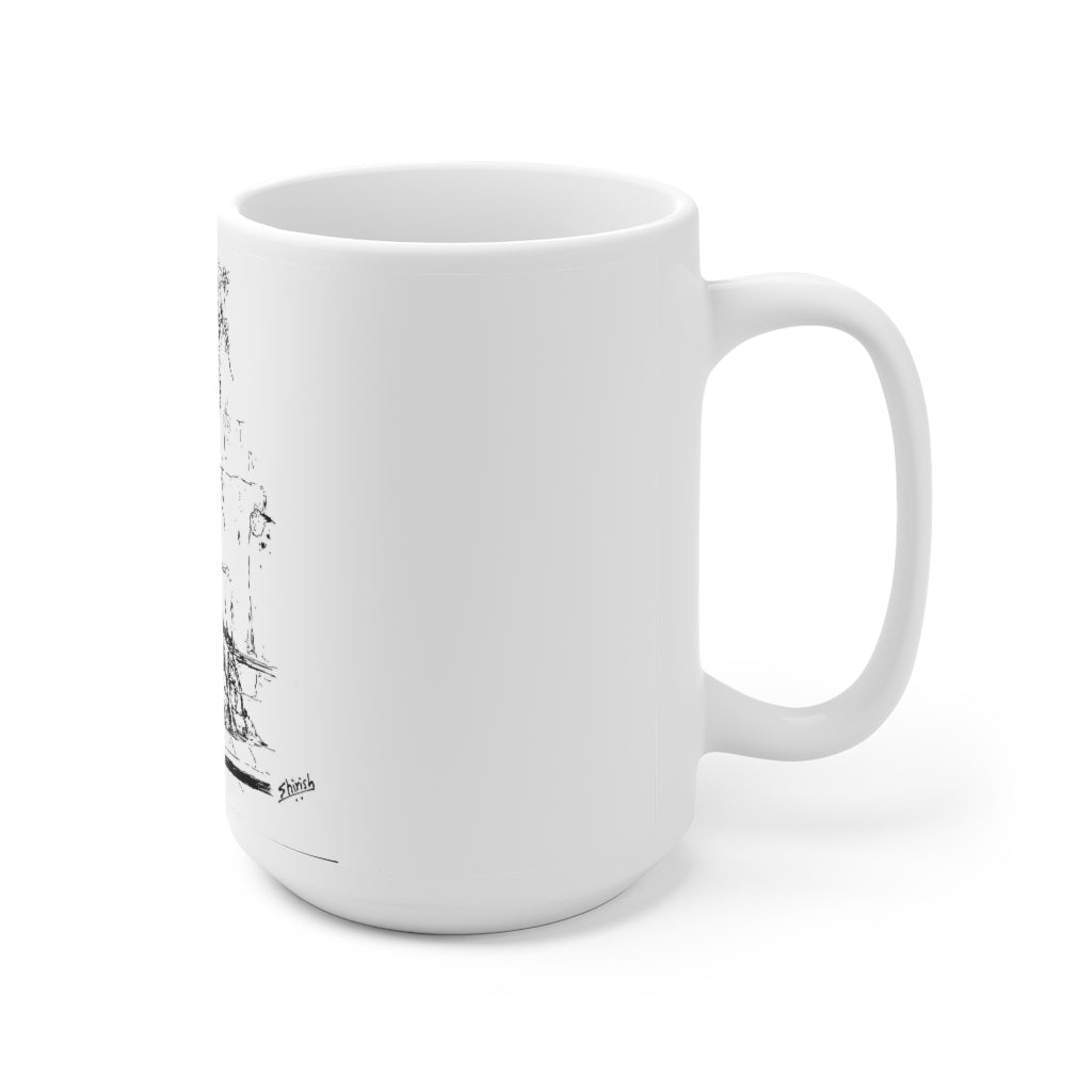 White Ceramic Mug 15oz - Minimalistic Monochrome Design of Old Wall and a Tree