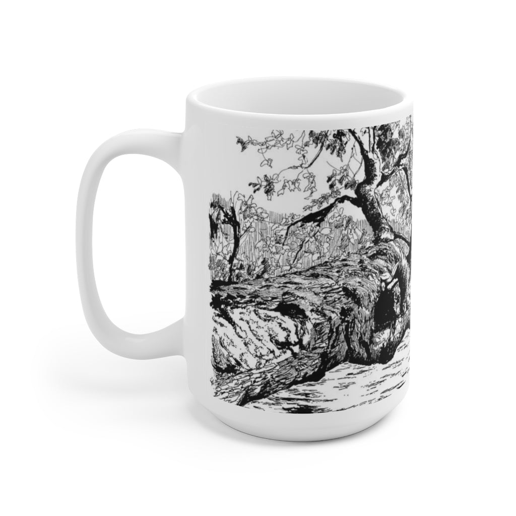 White Ceramic Mug 15oz - Minimalistic Monochrome Design of A Hanging Branch Over Water