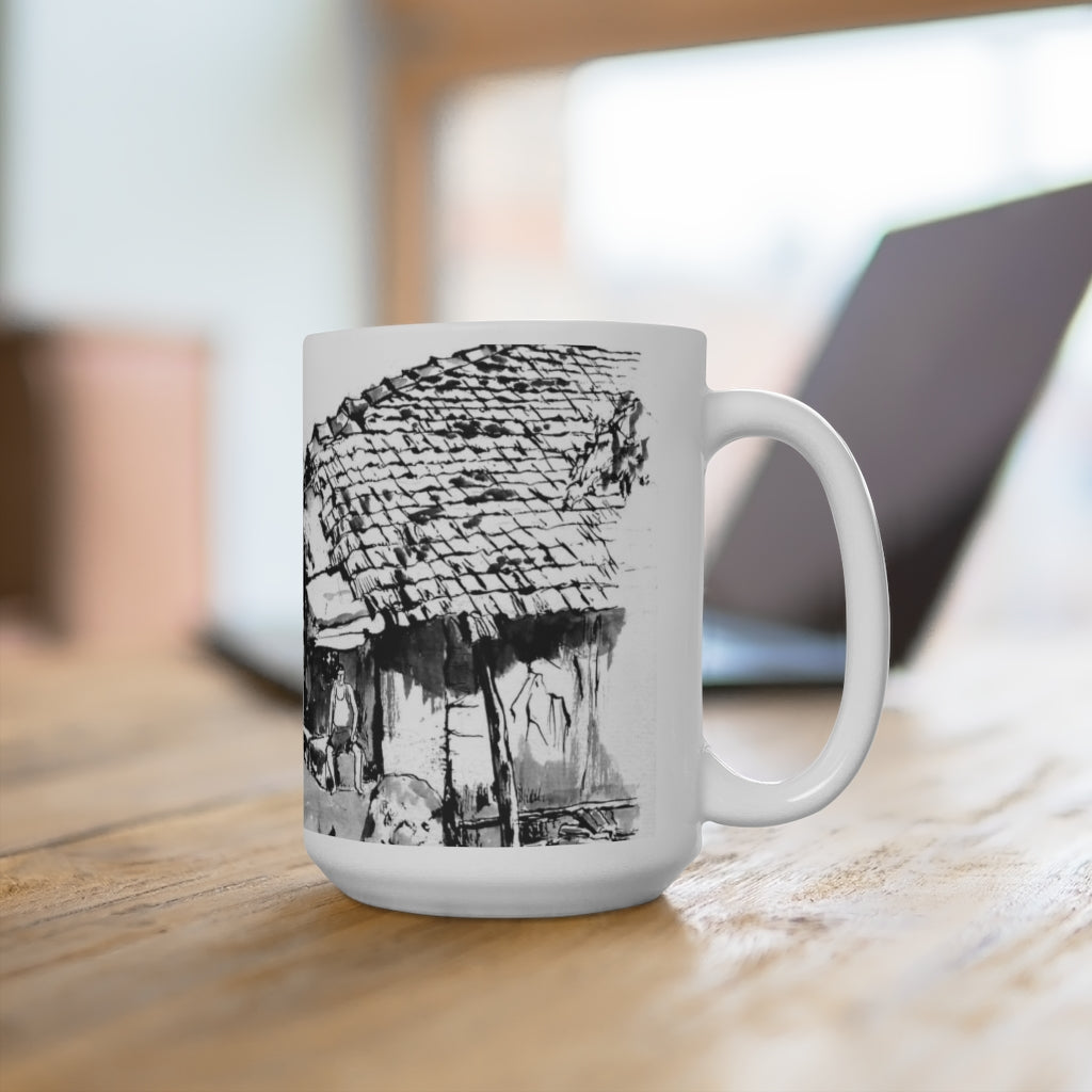 White Ceramic Mug 15oz - Minimalistic Monochrome Design of An Old Village House