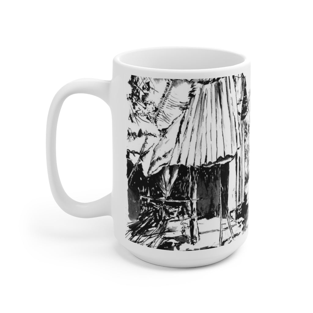 White Ceramic Mug 15oz - Minimalistic Monochrome Design of An Old Village House