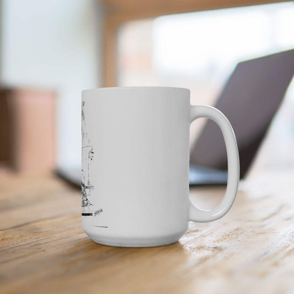 White Ceramic Mug 15oz - Minimalistic Monochrome Design of Old Wall and a Tree