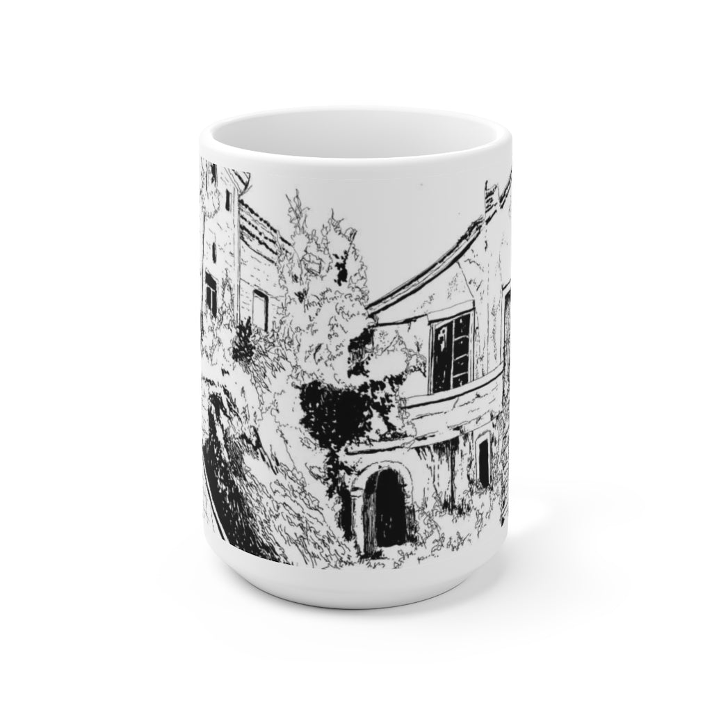 White Ceramic Mug 15oz - Monochrome Drawing of A Town in Italy