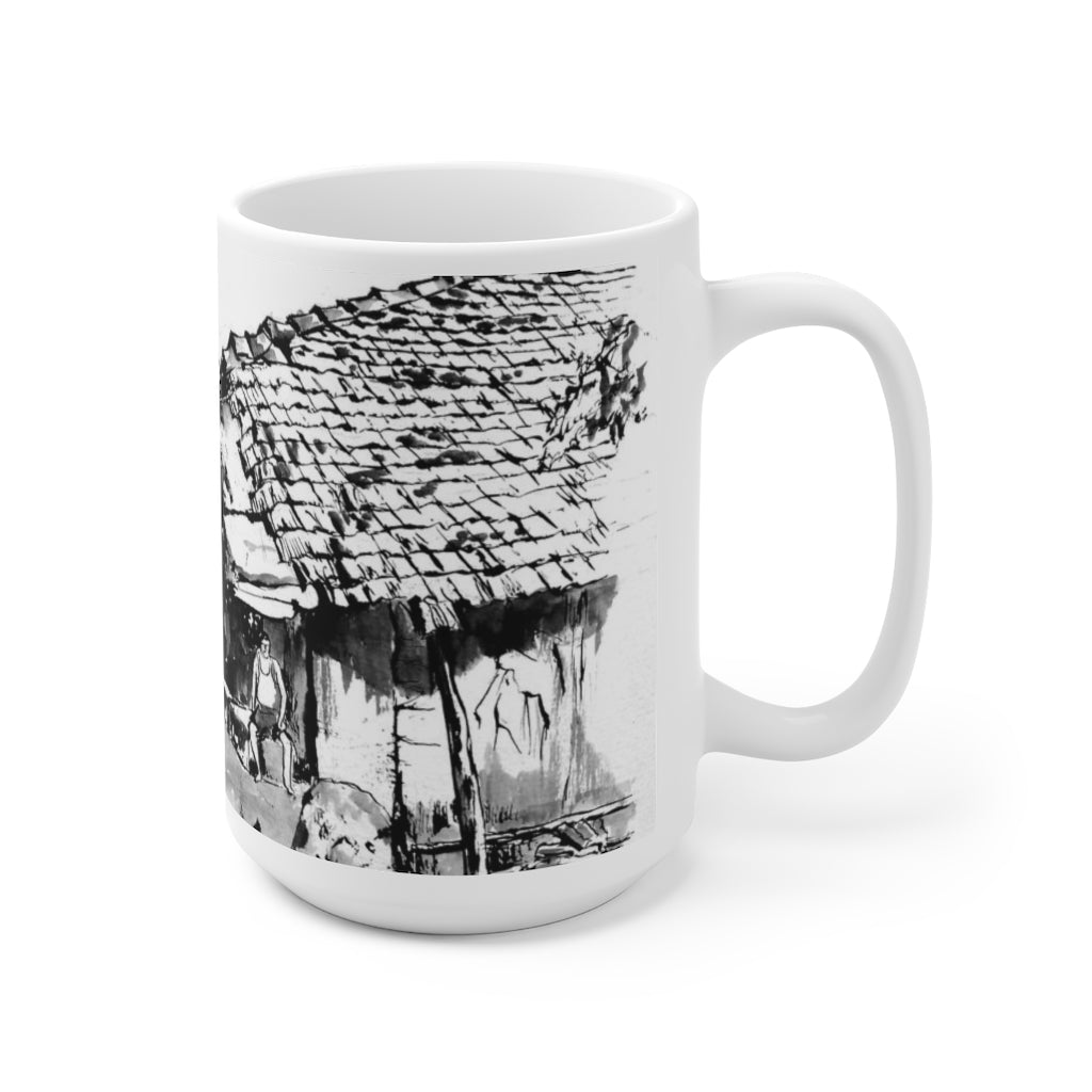 White Ceramic Mug 15oz - Minimalistic Monochrome Design of An Old Village House