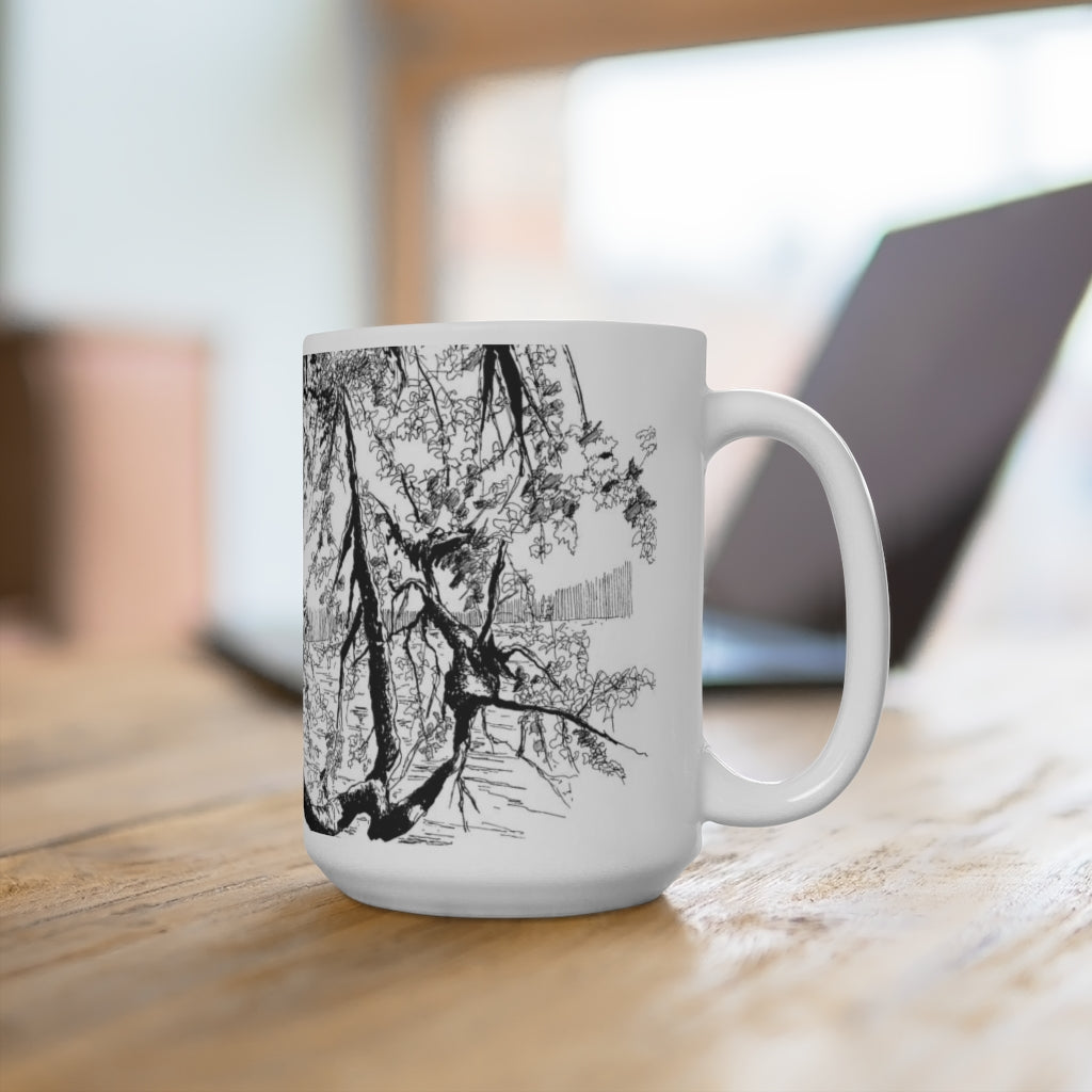 White Ceramic Mug 15oz - Minimalistic Monochrome Design of A Hanging Branch Over Water