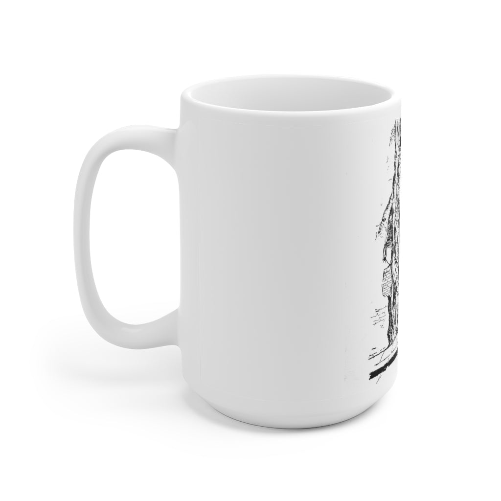 White Ceramic Mug 15oz - Minimalistic Monochrome Design of Old Wall and a Tree