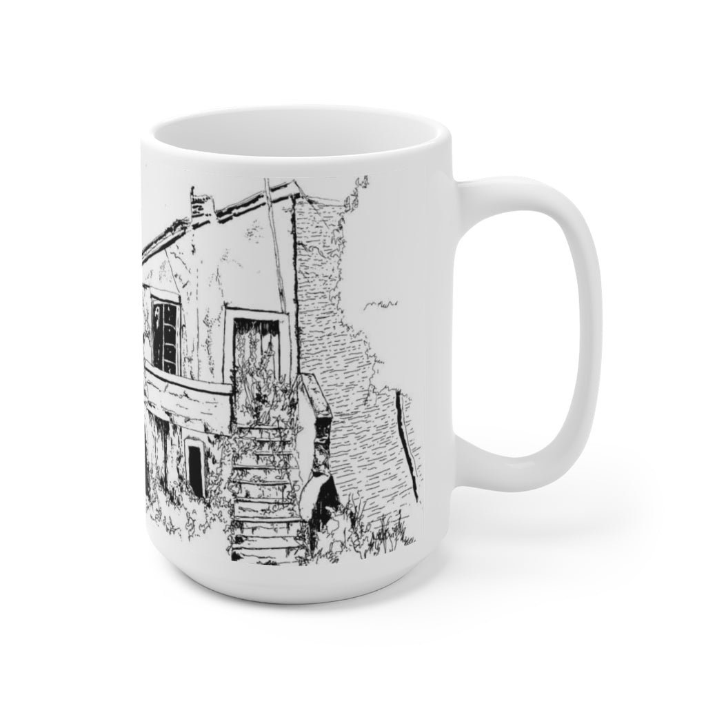 White Ceramic Mug 15oz - Monochrome Drawing of A Town in Italy