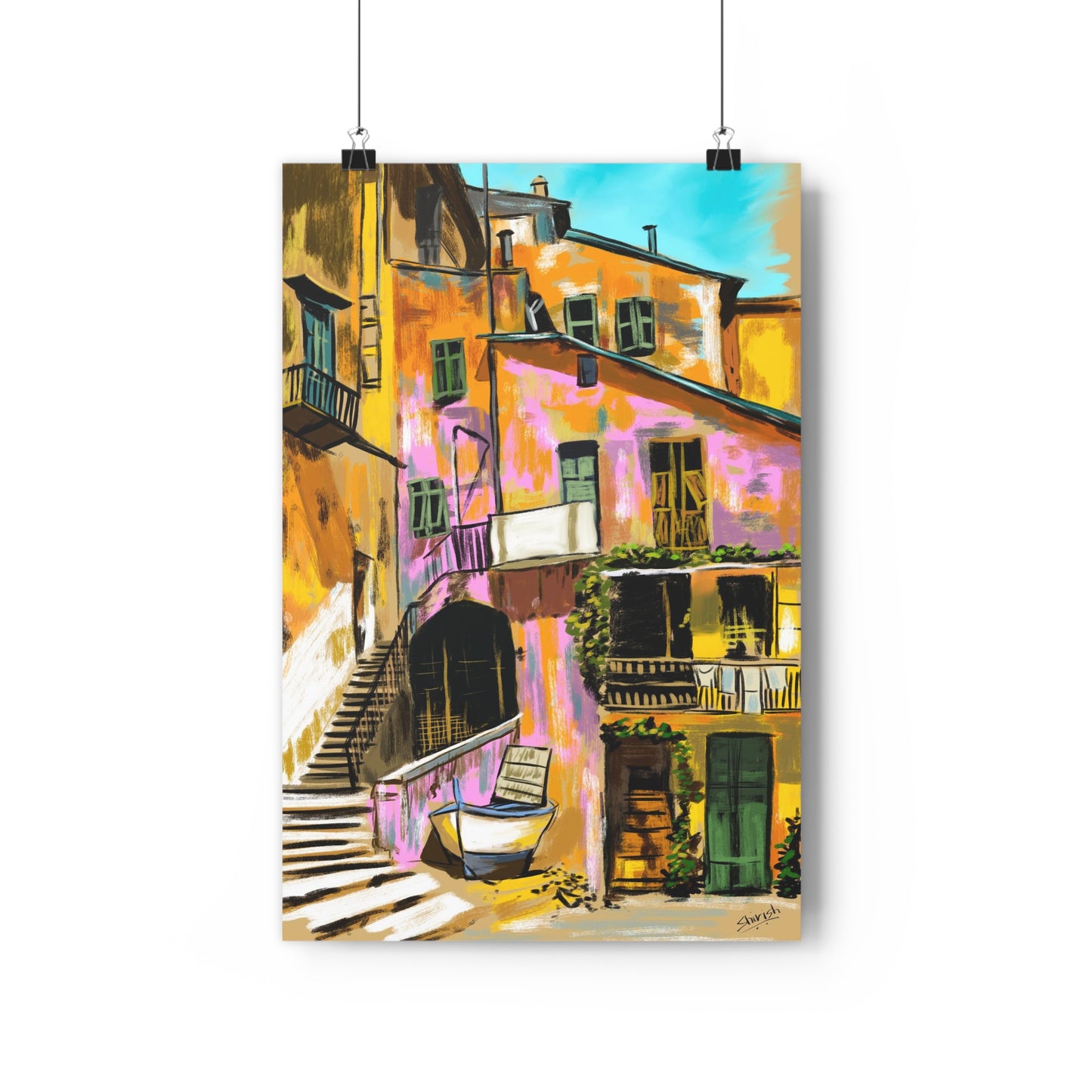 A Pink Building in a French Village - Premium Poster