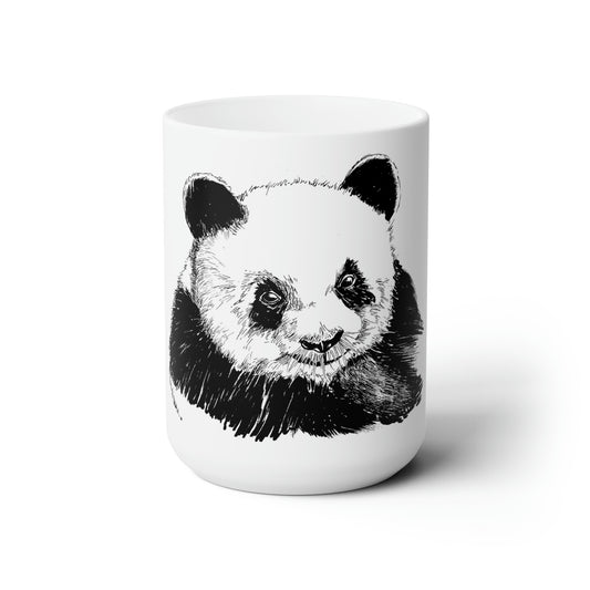 White Ceramic Mug 15oz - Minimalistic Monochrome Design of Panda
