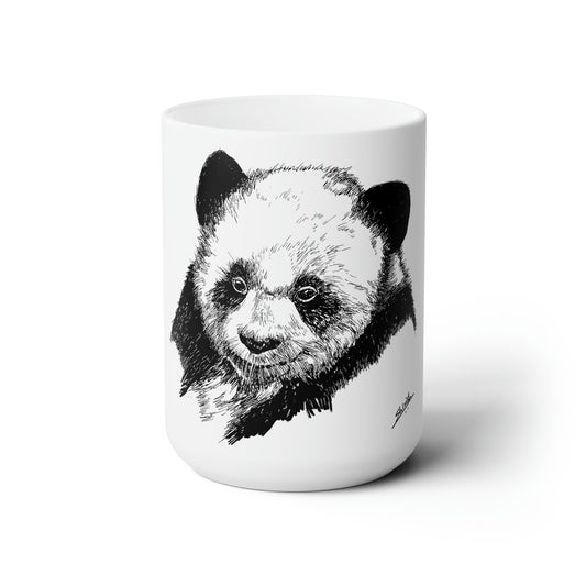 White Ceramic Mug 15oz - Minimalistic Monochrome Drawing of a Panda