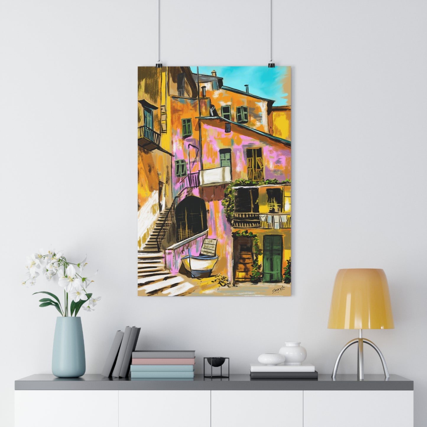 A Pink Building in a French Village - Premium Poster