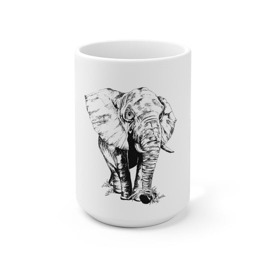 White Ceramic Mug 15oz - Minimalistic Monochrome Drawing of an Elephant
