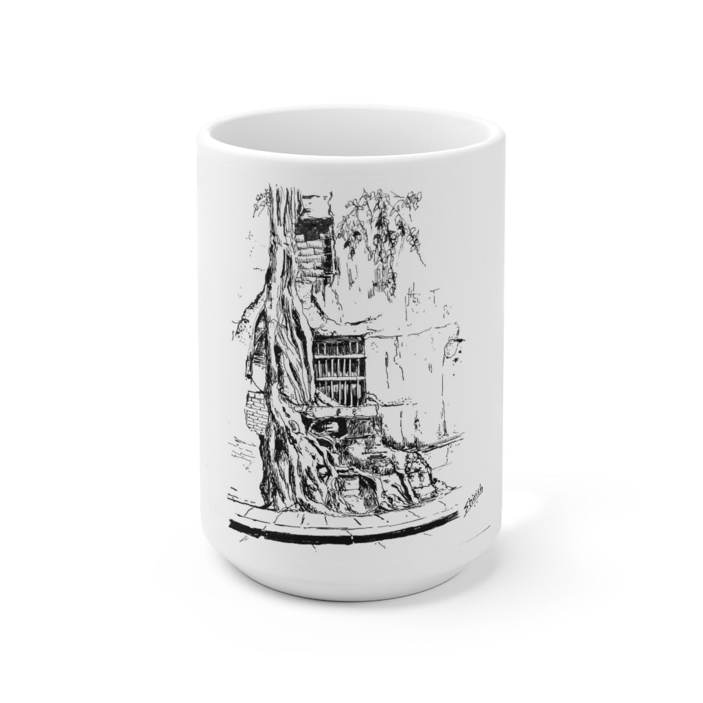 White Ceramic Mug 15oz - Minimalistic Monochrome Design of Old Wall and a Tree