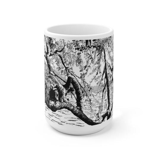 White Ceramic Mug 15oz - Minimalistic Monochrome Design of A Hanging Branch Over Water